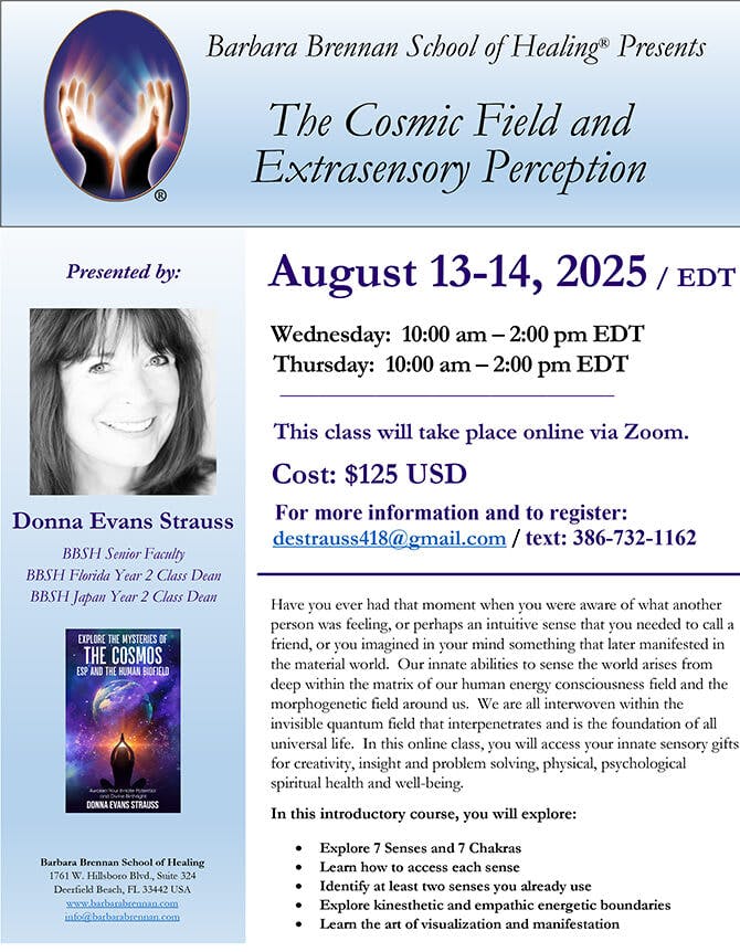 Flyer for Cosmic Field and Extrasensory Perception Virtual Class, August 13-14, 2025