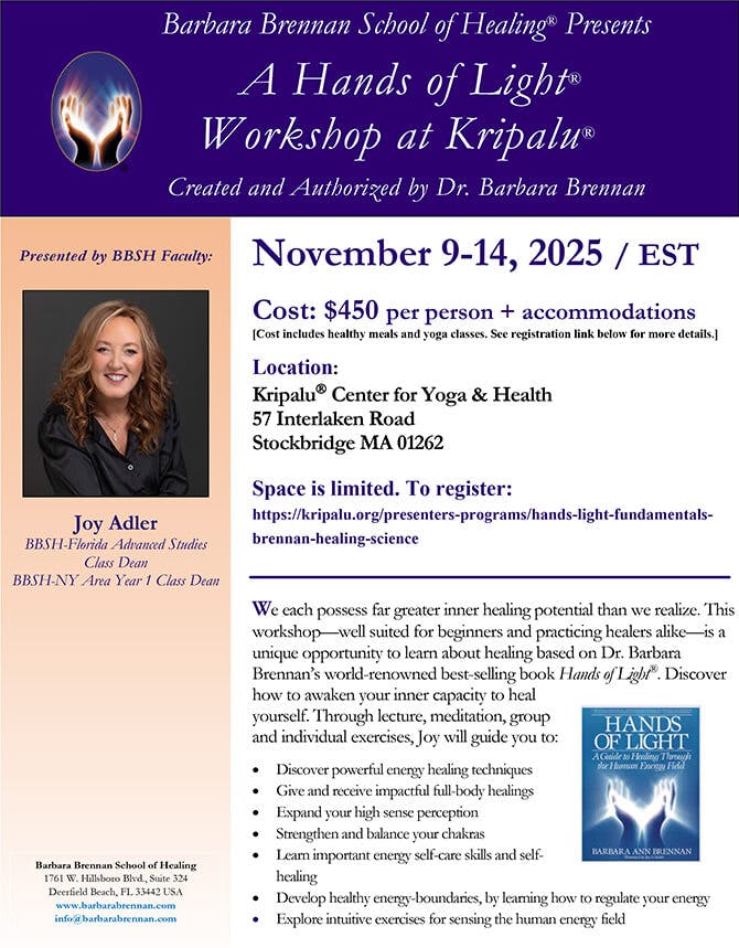 Flyer for Hands of Light Workshop, Stockbridge, MA, November 9-14, 2025
