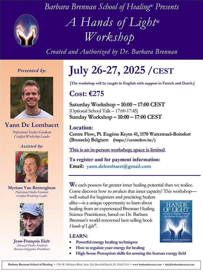 Flyer for Hands of Light Workshop, Brussels, Belgium, July 26-27, 2025