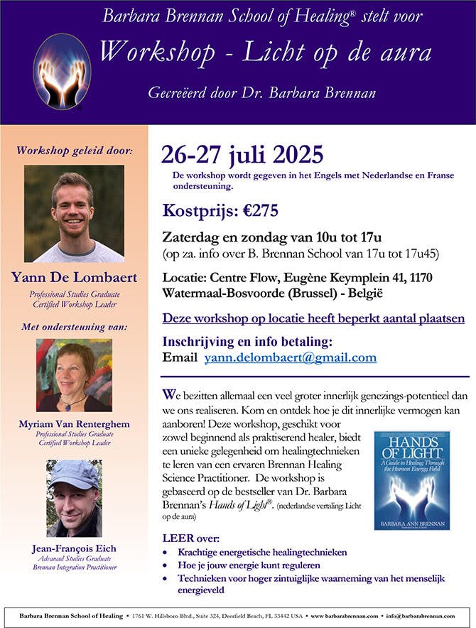 Flyer for Hands of Light Workshop, Brussels, Belgium, July 26-27, 2025 (in Flemish)