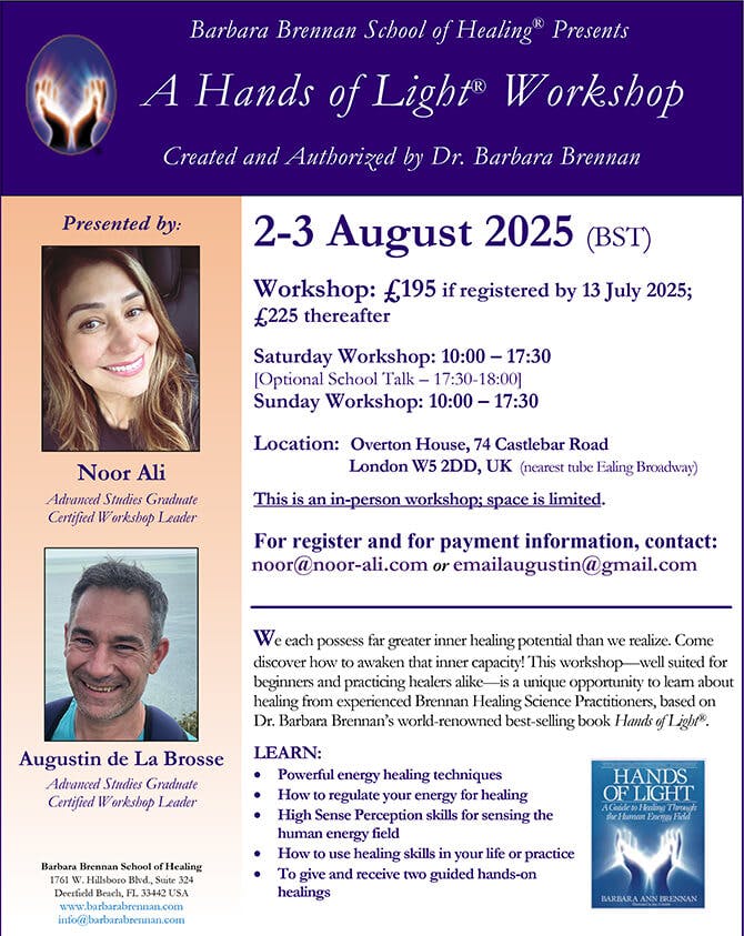 Flyer for Hands of Light Workshop, in London, UK, August 2-3, 2025