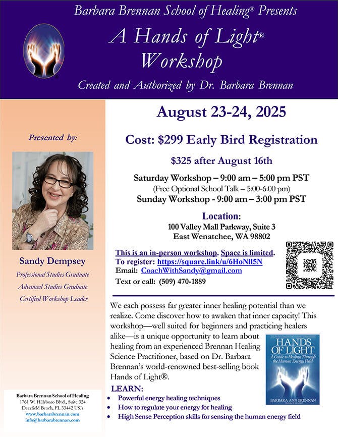 Flyer for Hands of Light Workshop in East Wenatchee, WA, August 23-24, 2025