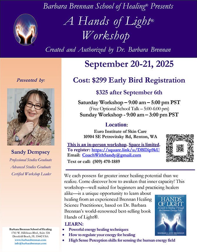 Flyer for Hands of Light Workshop, Renton, WA, Septemer 20-21, 2025
