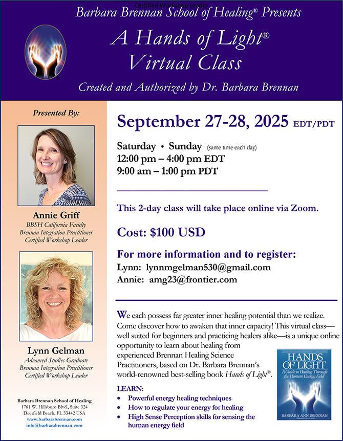 Flyer for Hands of Light Virtual Class, September 27-28, 2025