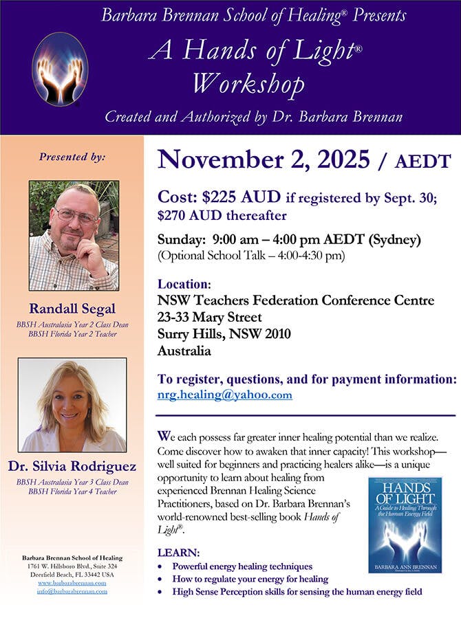 Flyer for Hands of Light Workshop in Surry Hills, NSW, Australia, November 2, 2025