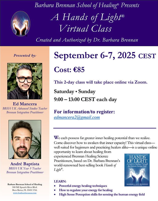 Flyer for Hands of Light Virtual Class, September 6-7, 2025