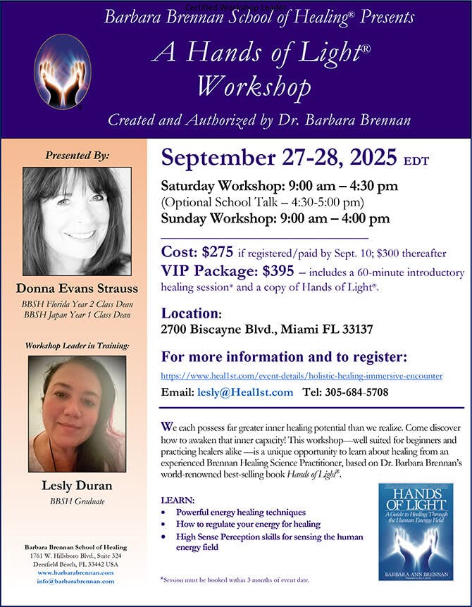 Flyer for Hands of Light Workshop in Miami, Florida, September 27-28, 2025
