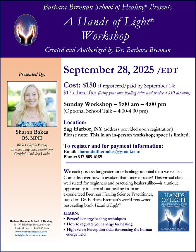 Flyer for Hands of Light Workshop in Sag Harbor, NY, September 28, 2025