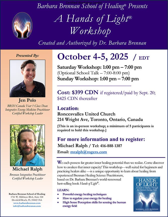 Flyer for Hands of Light Workshop, Toronto, ON, October 4-5, 2025