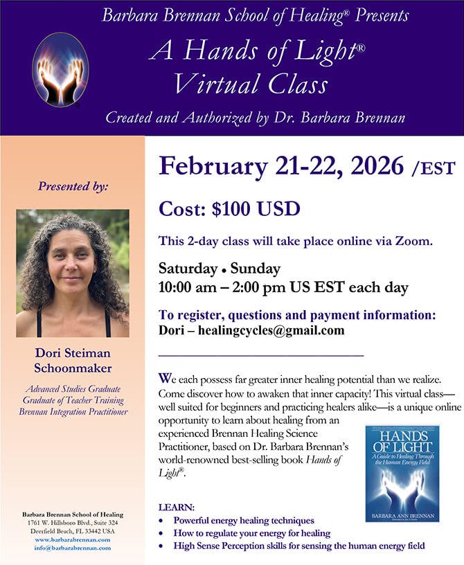Flyer for Hands of Light Virtual Class, February 21-22, 2026