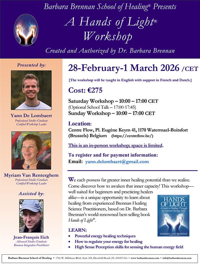 Flyer for Hands of Light Workshop, Brussels, Belgium, 28 February-1 March, 2026