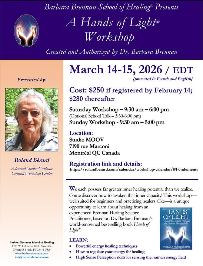 Flyer for Hands of Light Workshop in Montréal, QC, Canada