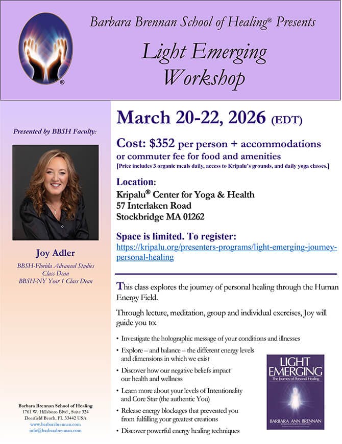 Flyer for Light Emerging Workshop at Kripalu Center for Yoga and Health, March 20-22, 2026