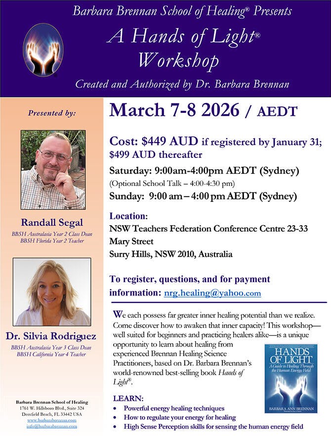 Flyer for Hands of Light Workshop in Surry Hills, NSW, Australia, March 7-8, 2026