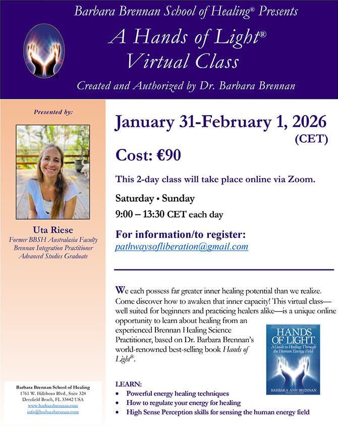 Flyer for Hands of Light Virtual Class, January 31-February 1, 2026