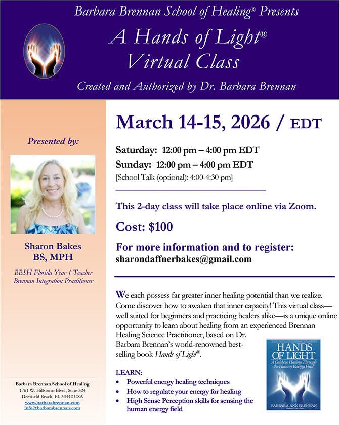Flyer for Hands of Light Virtual Class, March 14-15, 2026