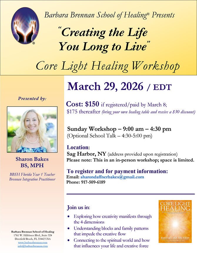 Flyer for Core Light Healing Workshop in Sag Harbor, Long Island, New York, March 29, 2026