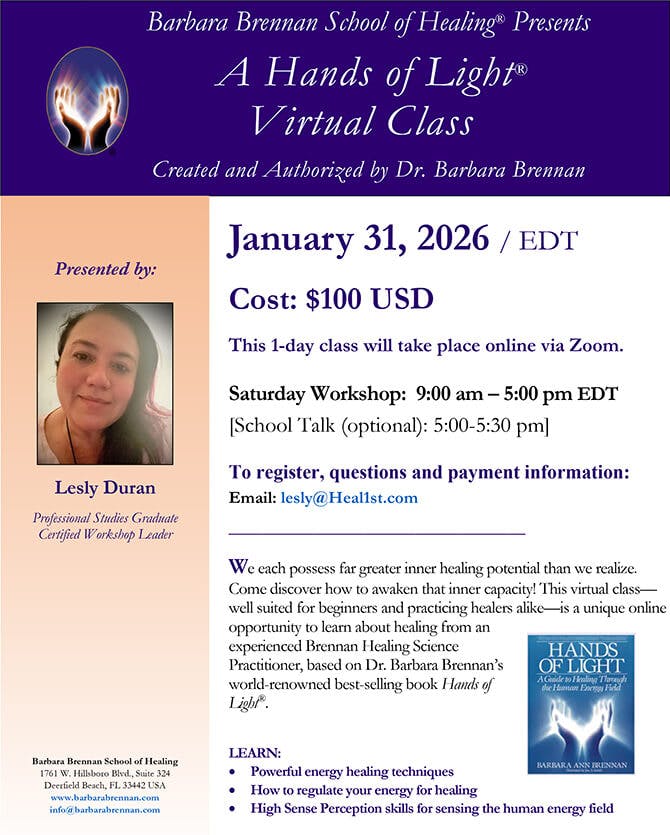 Flyer for Hands of Light Virtual Class, January 31, 2026