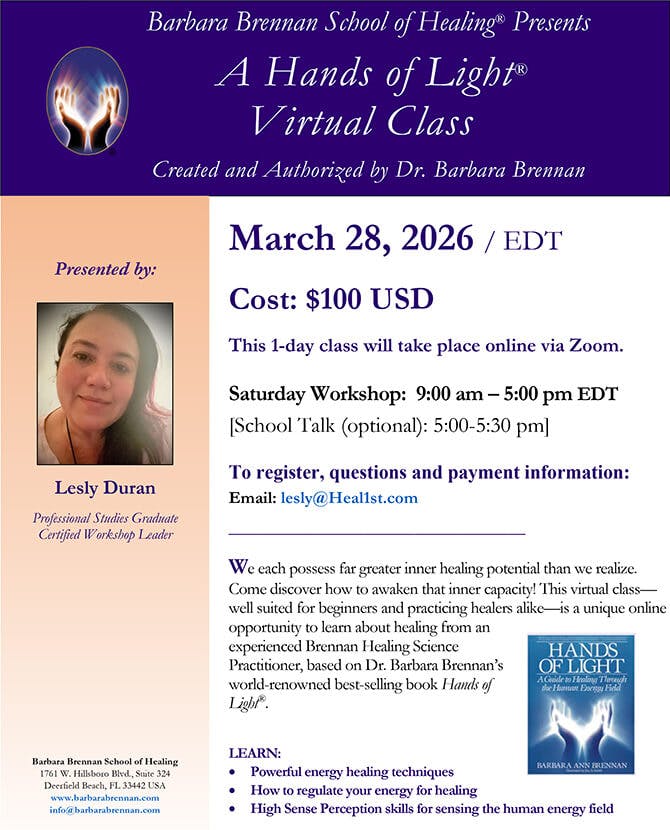 Flyer for Hands of Light Virtual Class, March 28, 2026
