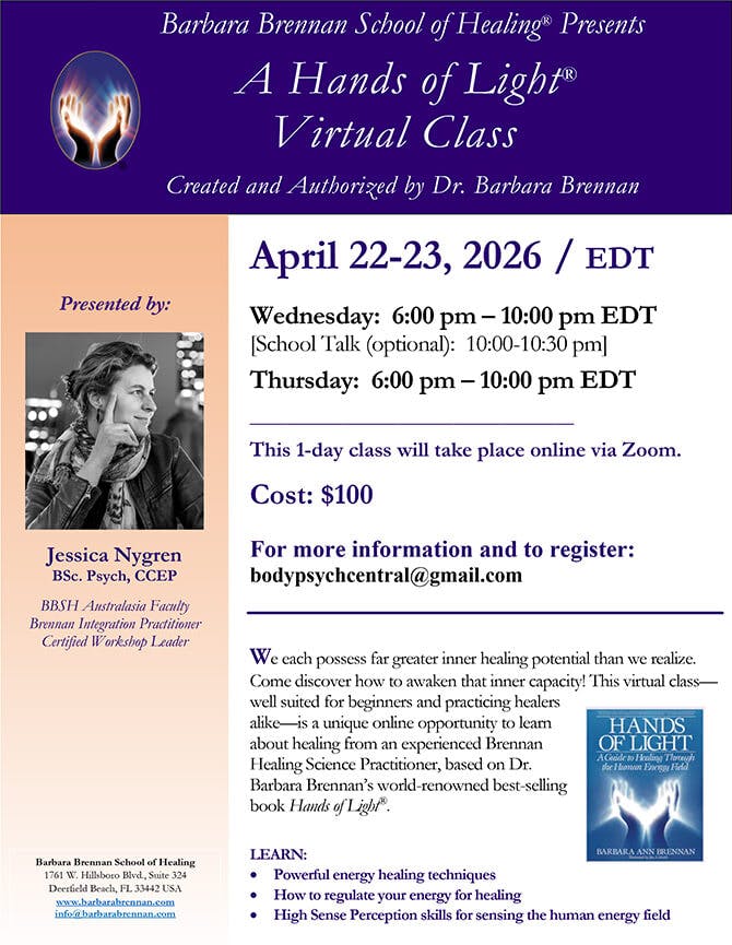 Flyer for Hands of Light Virtual Class, April 22-23, 2026