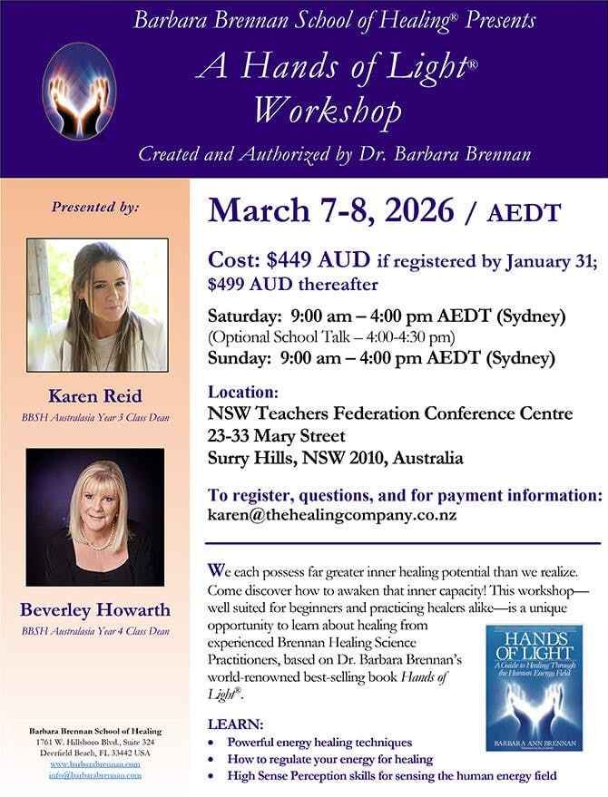 Flyer for Hands of Light In-Person Workshop, NSW, Australia, March 7-8, 2026