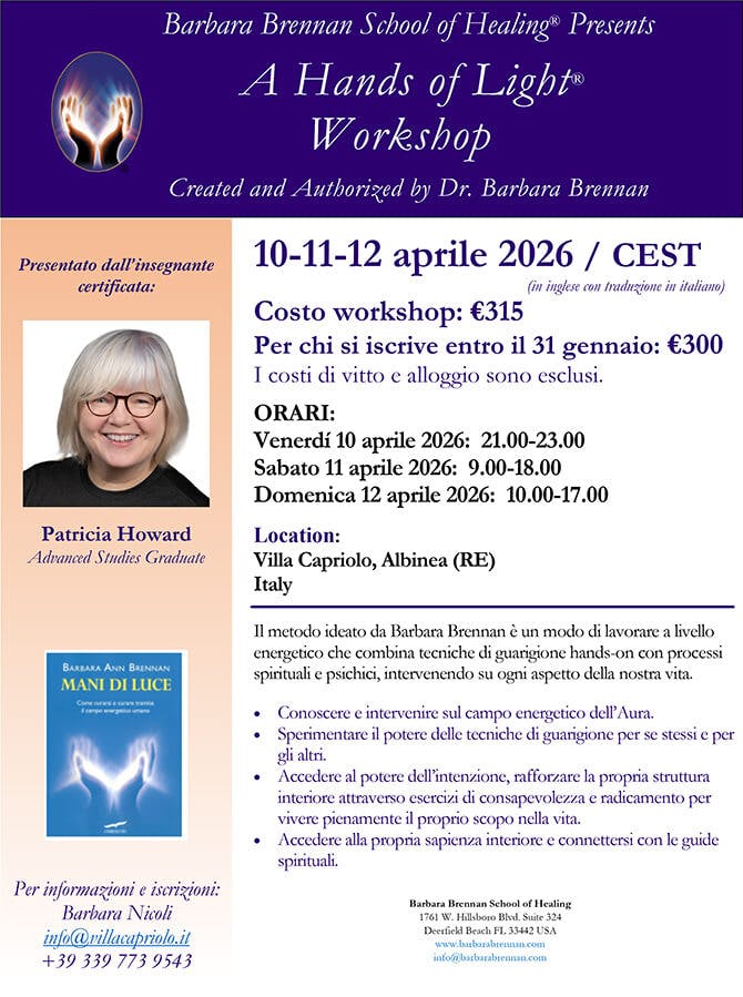 Flyer for Hands of Light Workshop, Albinea (RE), Italy, April 10-12, 2026