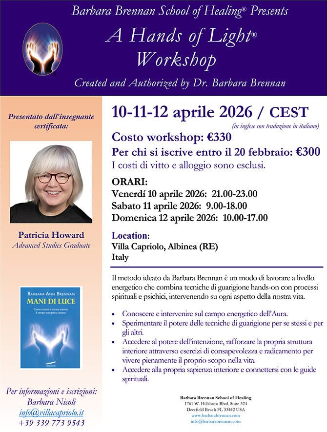 Flyer for Workshop Mani di Luce, Albinea (RE), Italia, 10-12 aprile 2026