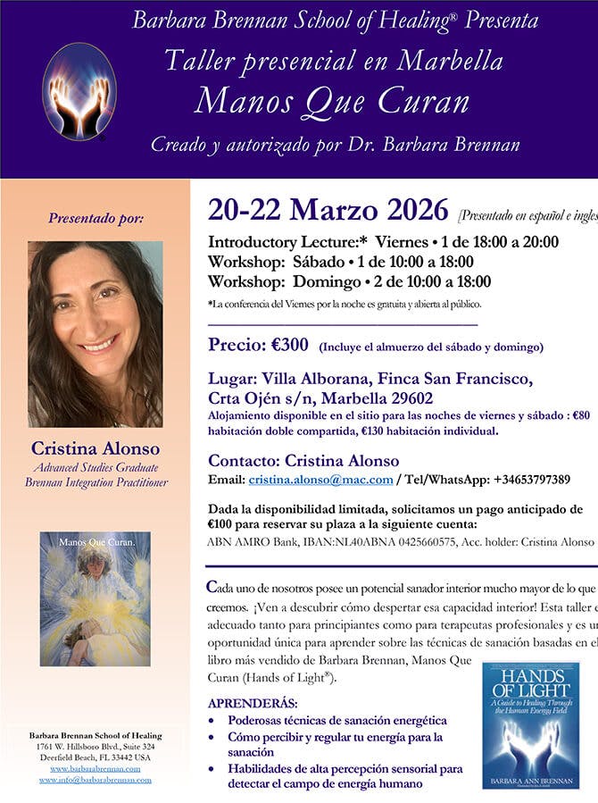 Flyer for Hands of Light Workshop, Marbella, Spain, March 20-22, 2026