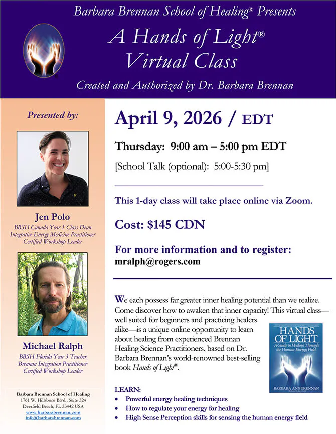 Flyer for Hands of Light Virtual Class, April 9, 2026