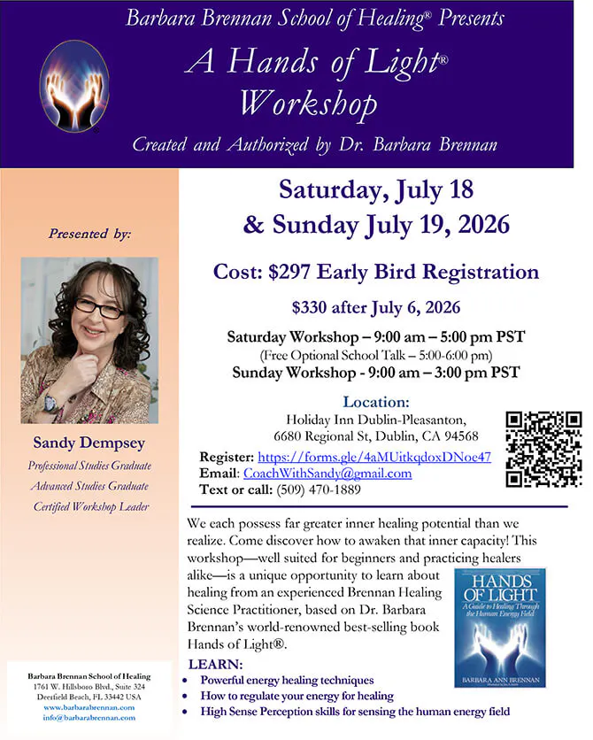 Flyer for Hands of Light Workshop in Dublin, CA, Julyu 18-19, 2026