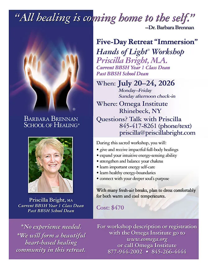 Flyer for Omega Institute Retreat (Hands of Light Workshop) in Rhinebeck, NY, July 19-24, 2026