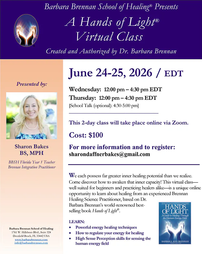 Flyer for Hands of Light Virtual Class, June 24-25, 2026