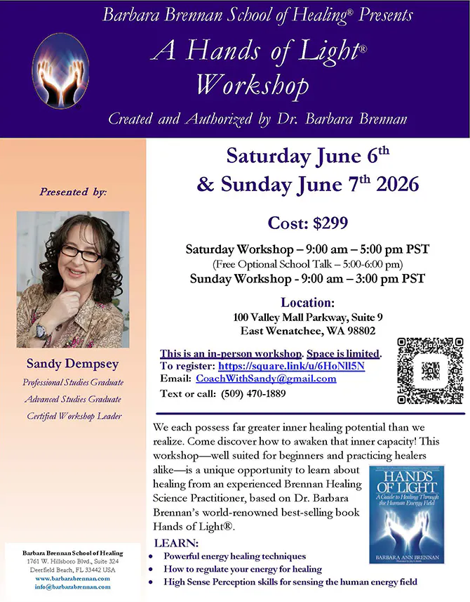 Flyer for Hands of Light In-Person Workshop, East Wenatchee, WA, June 6-7, 2026