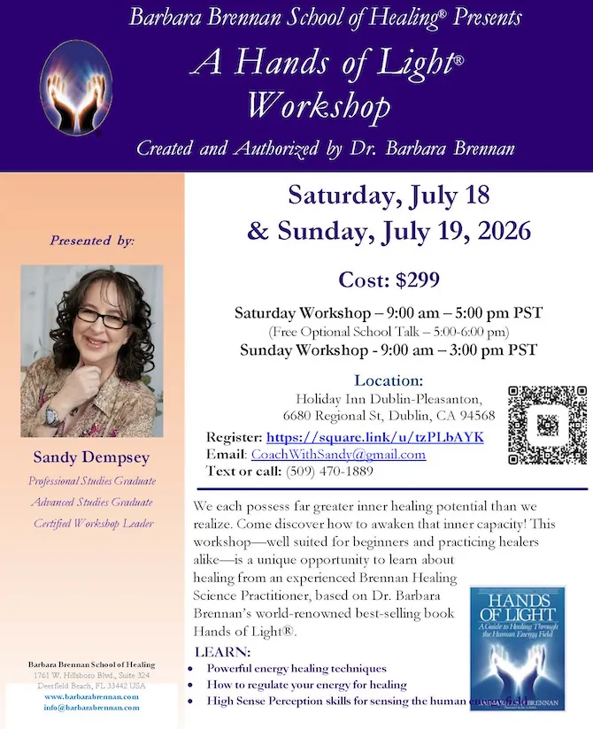 Flyer for Hands of Light Workshop in Dublin, CA, July 18-19, 2026