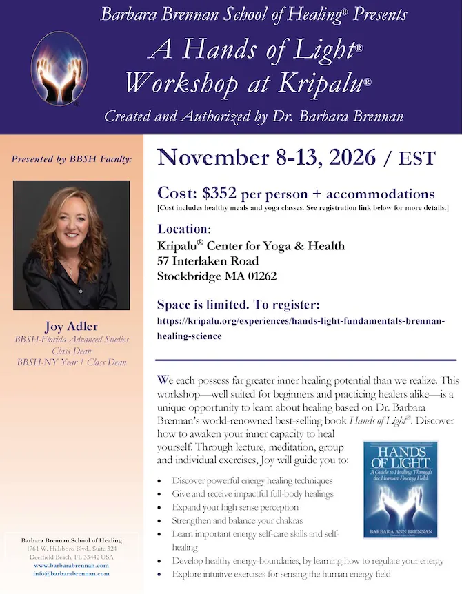 Flyer for Hands of Light Workshop, Stockbridge, MA, November 8-13, 2026