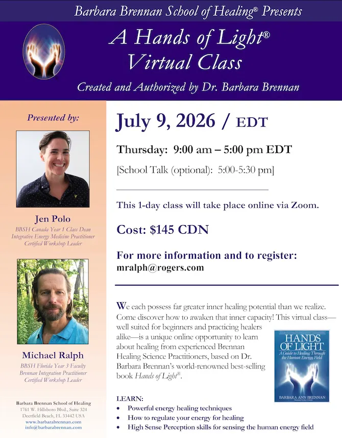 Flyer for Hands of Light Virtual Class, July 9, 2026