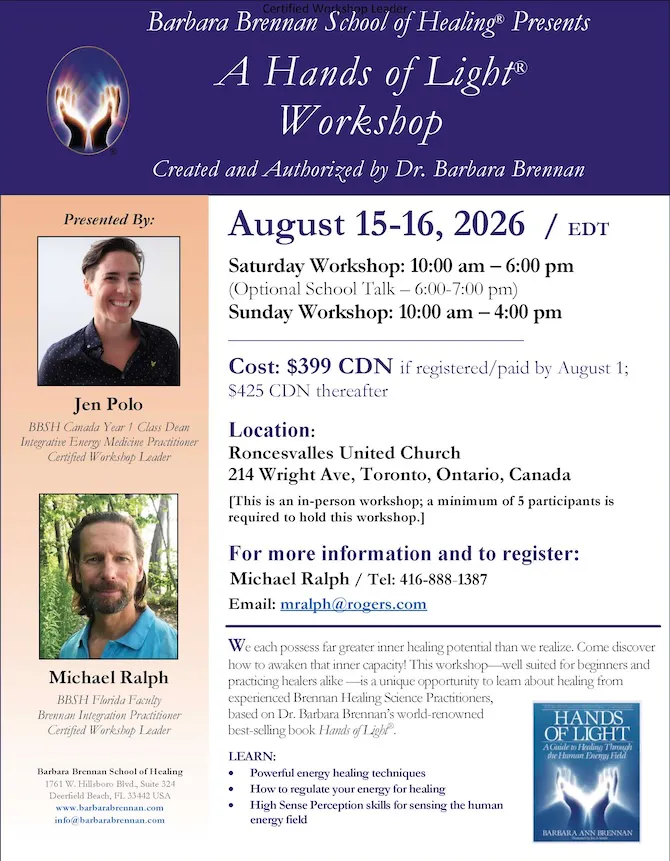 Flyer for Hands of Light Workshop, Toronto, ON, August 15-16, 2026