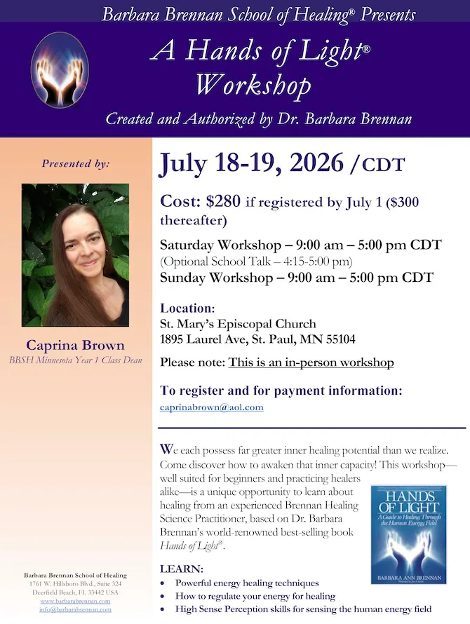 Flyer for Hands of Light Workshop in St. Paul, MN, July 18-19, 2026