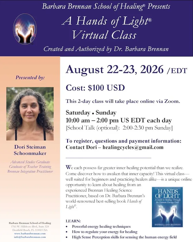 Flyer for Hands of Light Virtual Class, August 22-23, 2026