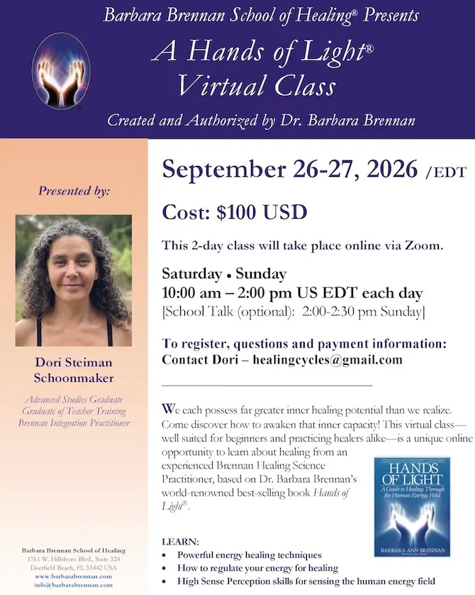 Flyer for Hands of Light Virtual Class, September 26-27, 2026