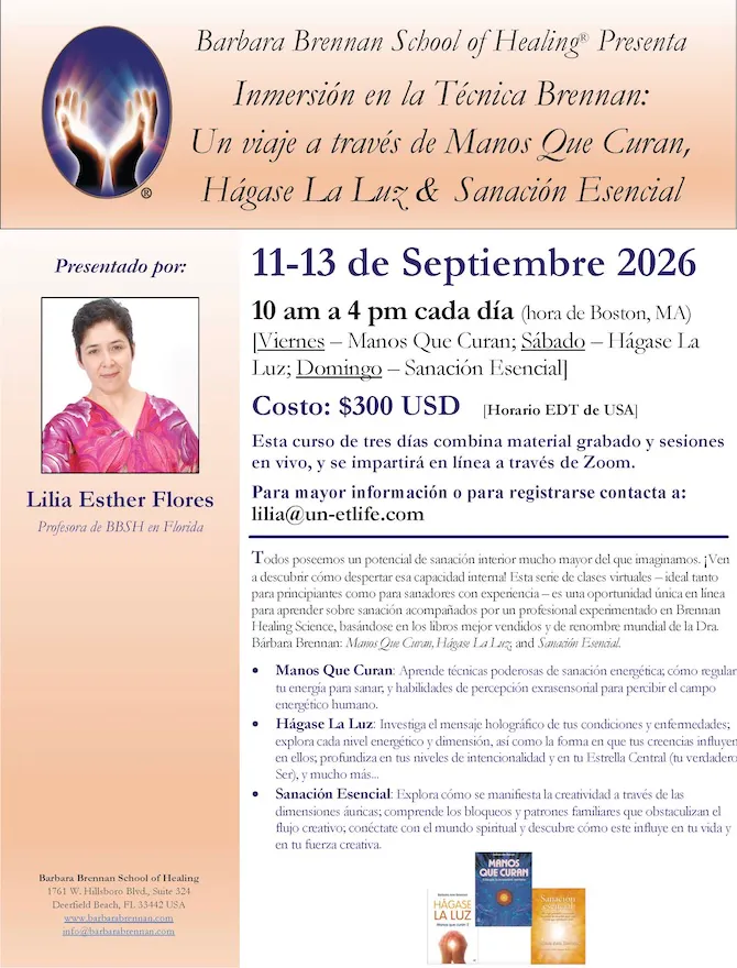 Flyer for Inmersión en la Técnica Brennan Virtual Class (in Spanish), September 11-13, 2026