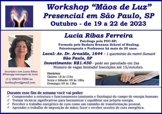 Workshop Maos de Luz em Sao Paulo, 19 a 22 de outubro de 2023