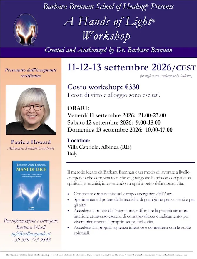 Flyer for Hands of Light Workshop in Albinea, Italy, 11–13 September 2026