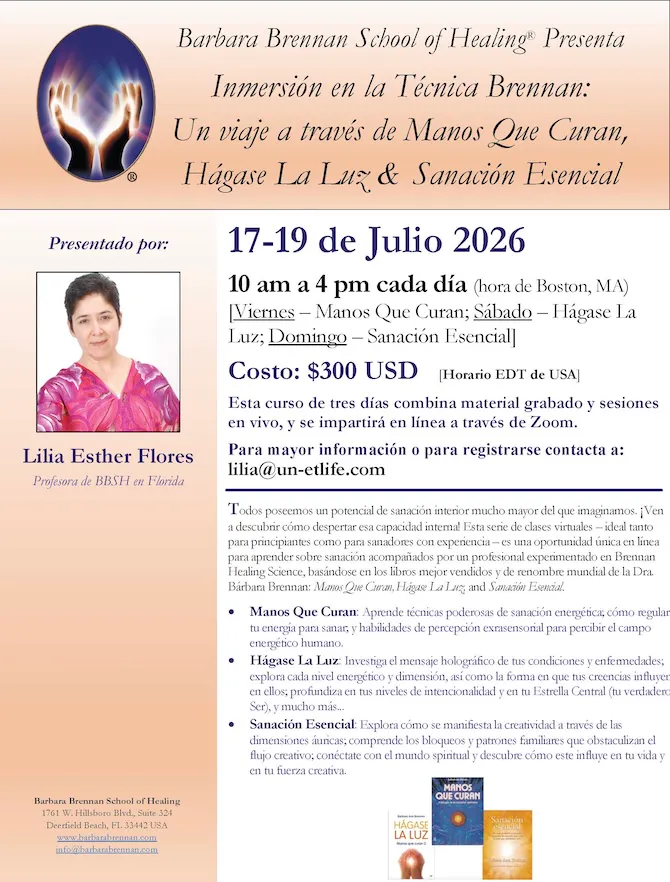 Flyer for Inmersión en la Técnica Brennan Virtual Class (in Spanish), July 17-19, 2026