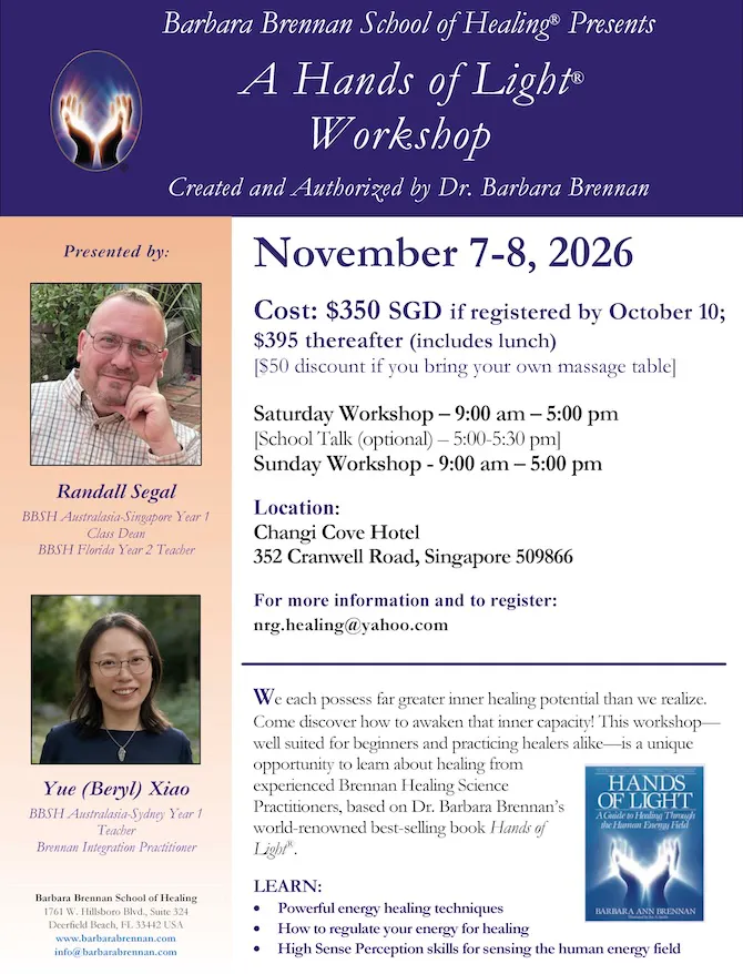 Flyer for Hands of Light Workshop, Singapore, November 7-8, 2026