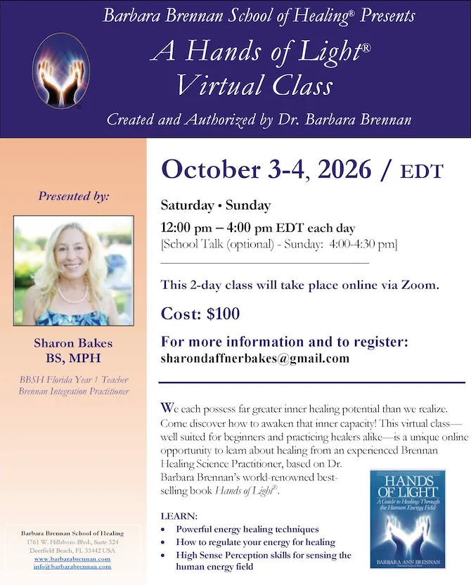 Flyer for Hands of Light Virtual Class, October 3-4, 2026
