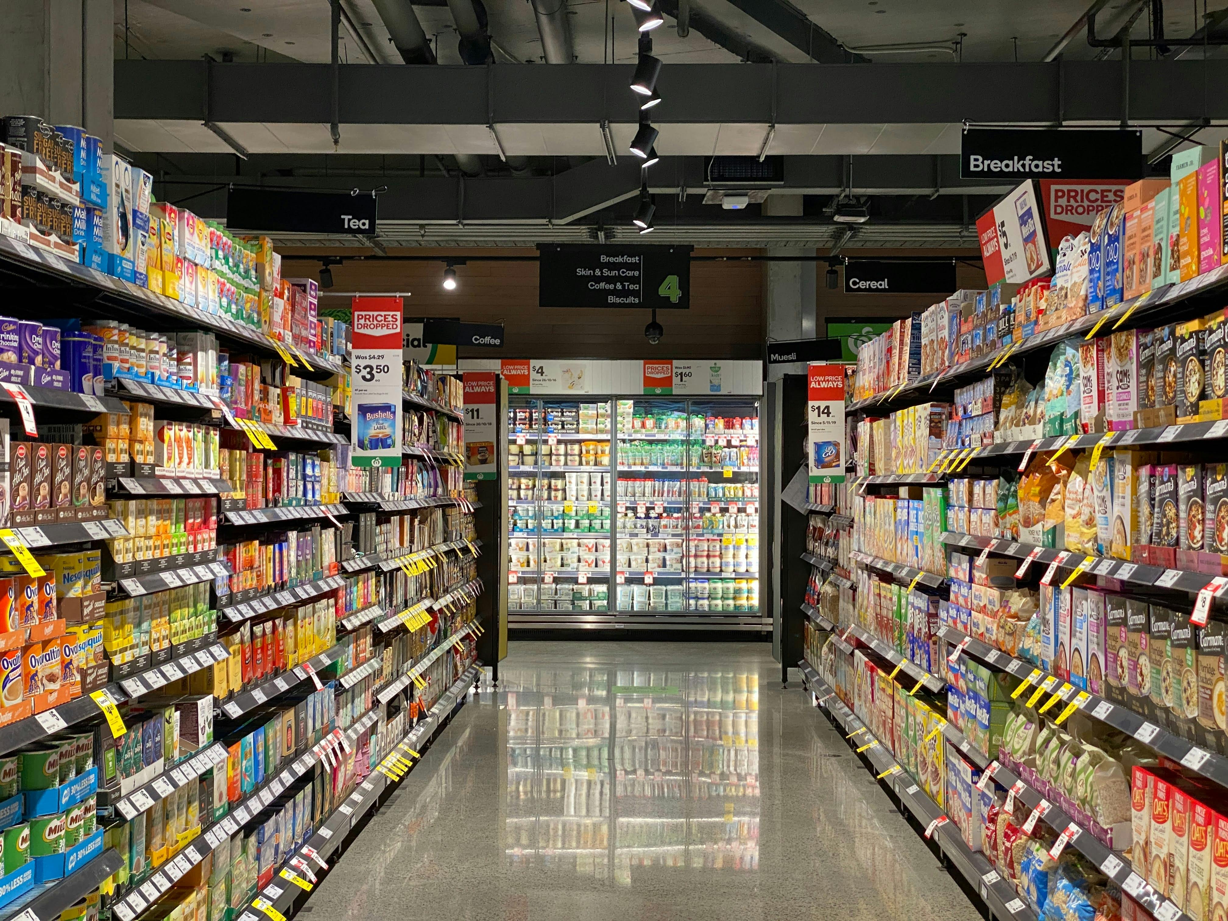 long grocery aisle full of products