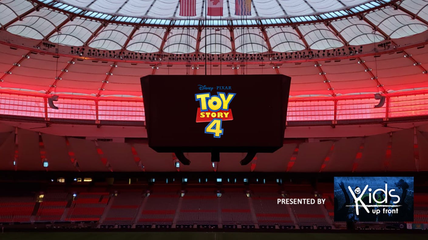 BC Place centerhung video screen with Toy Story 4 logo displayed