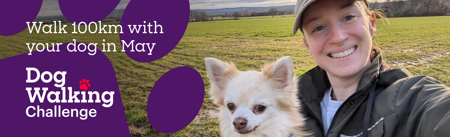 A small fluffy dog is held outdoors in a green field, next to text promoting a “Walk 100km with your dog in May — Dog Walking Challenge.
