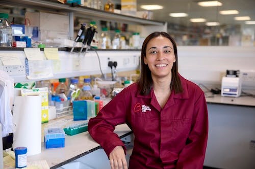 A researcher wearing a maroon Blood Cancer UK lab coat sits in a laboratory surrounded by scientific equipment and supplies.